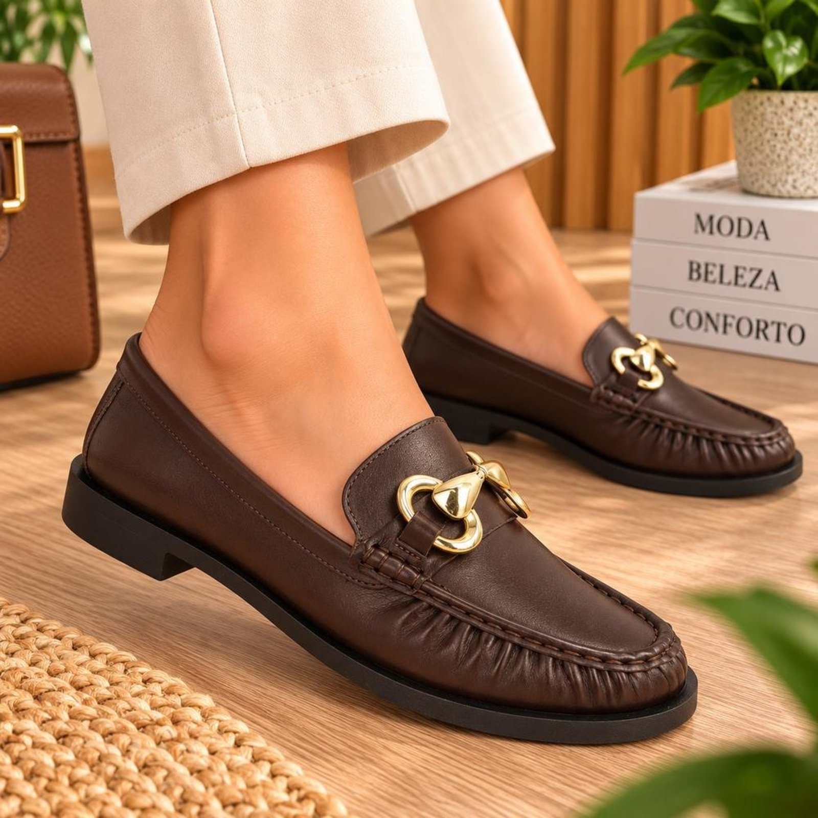Mocassim Feminino em Couro Legítimo com Fivela Dourada Conforto Sofisticado Elegante Maria Paula Expresso
