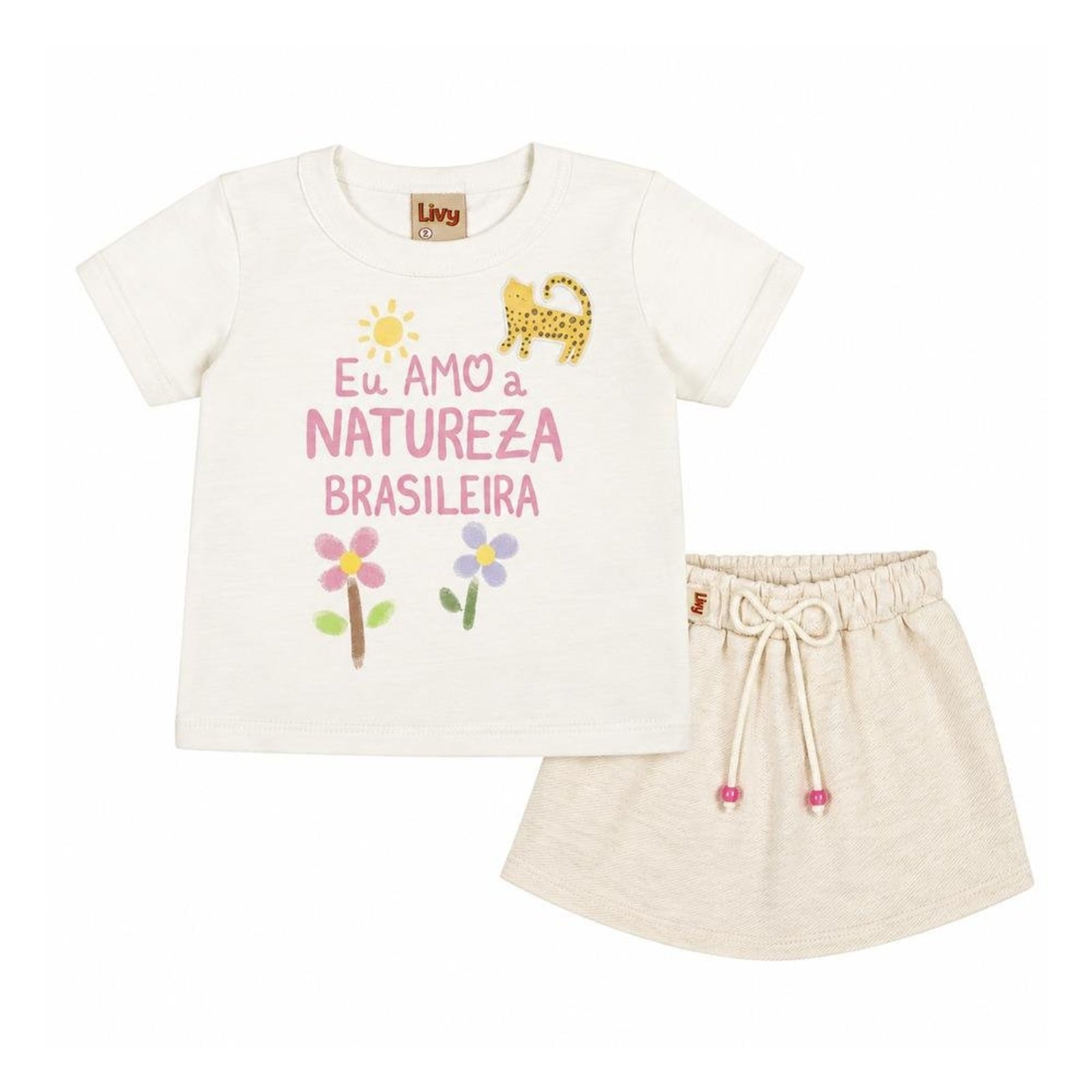 Infantil - Conjunto Feminino Camiseta Saia Eu Amo Natureza Brasileira Livy 1 Marrom