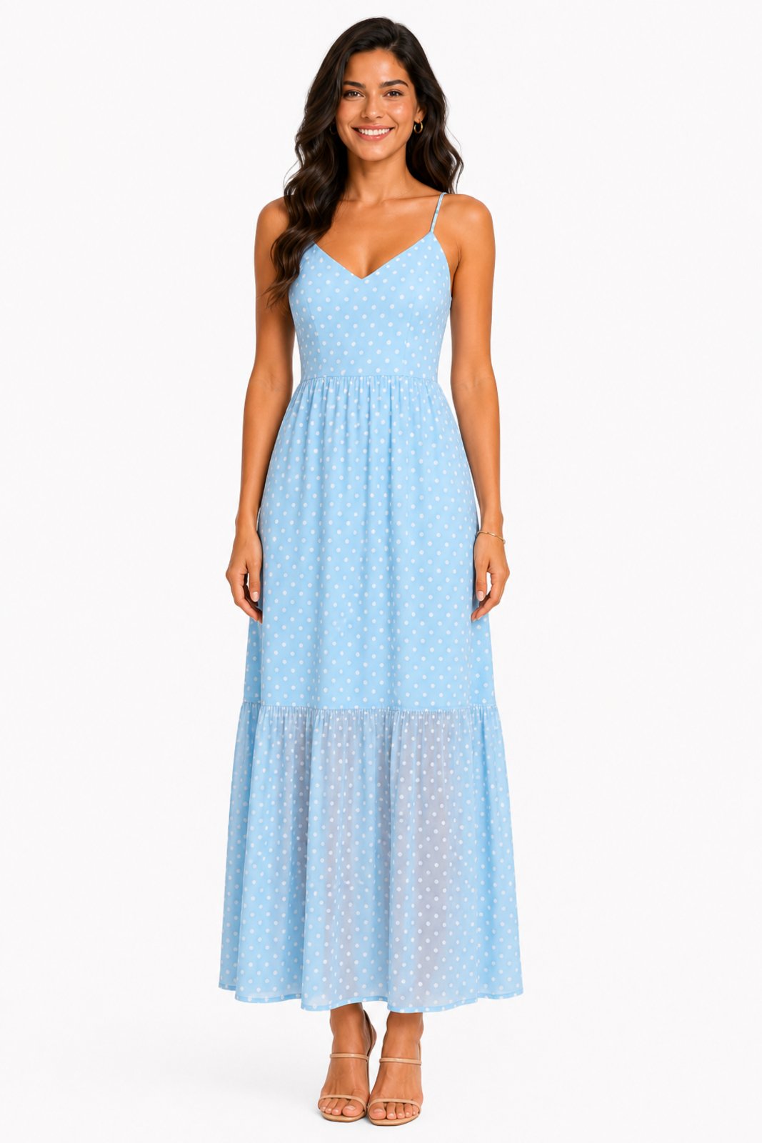 Vestido Longo D Bell Outlet Fashion De Tule Decote V Azul Com Bolinhas
