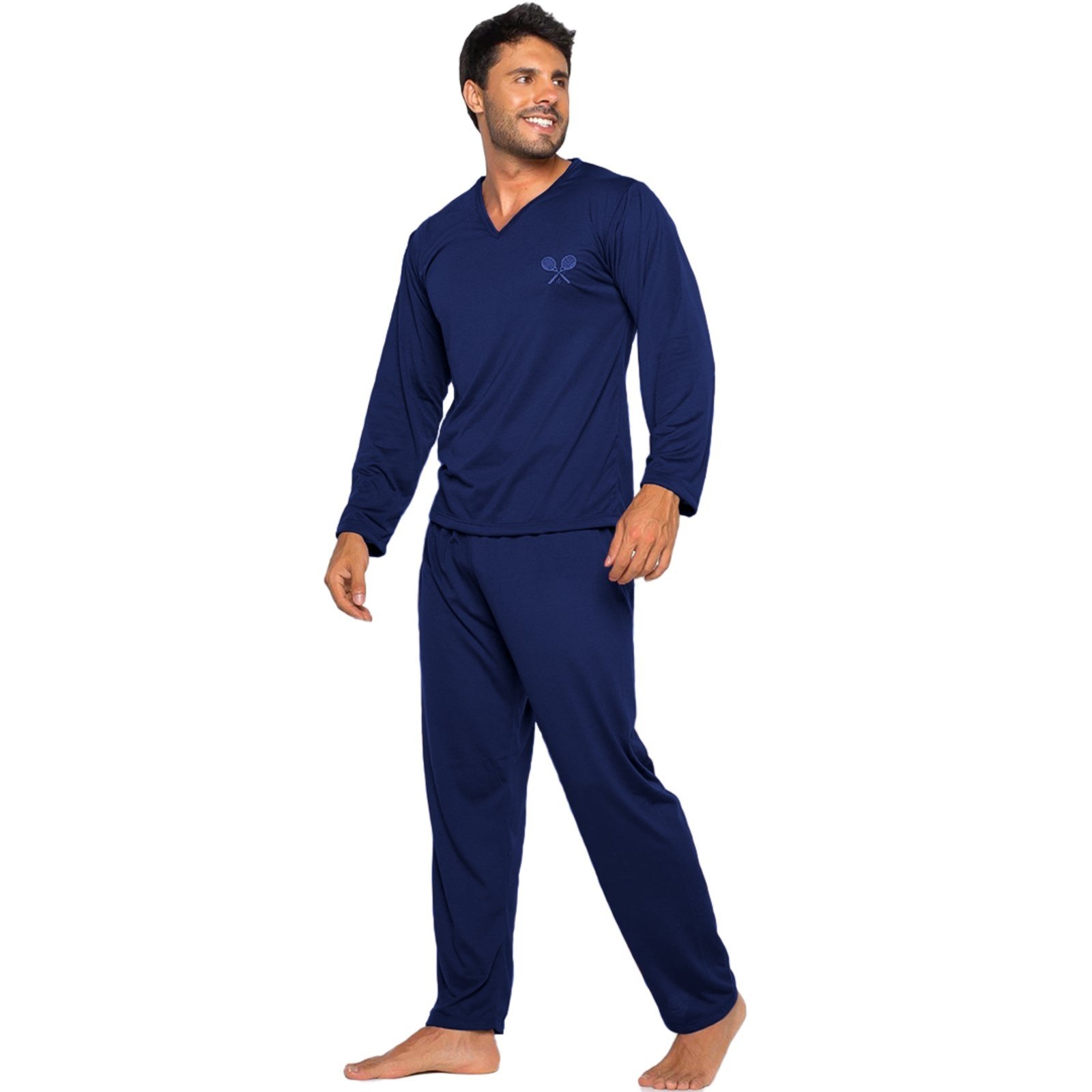 Pijama Masculino Tetê Variedades Manga Longa Conforto Traje de Dormir Inverno Elegante Liso Marinho