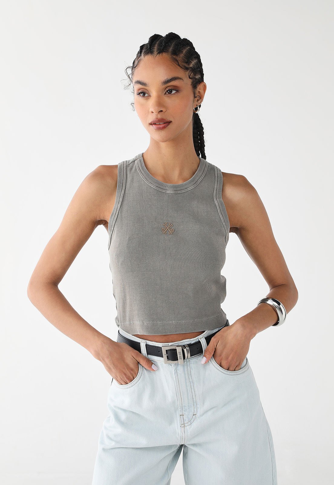 Regata Feminina John John Cropped Logo Bordado Cinza