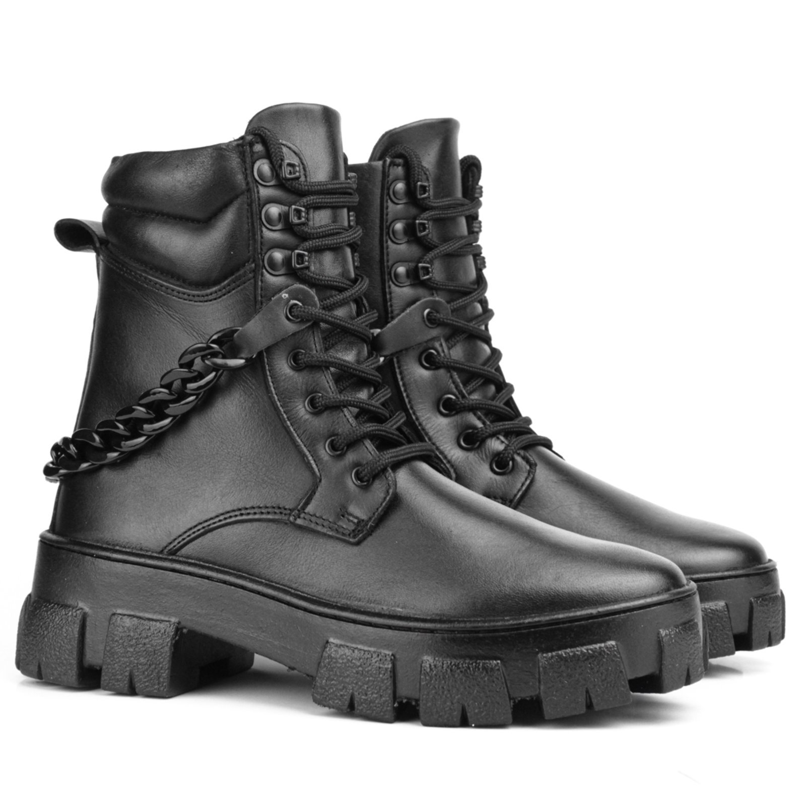 Bota Coturno Couro Militar Feminino Cano Médio Solado Tratorado Corrente Casual Preto