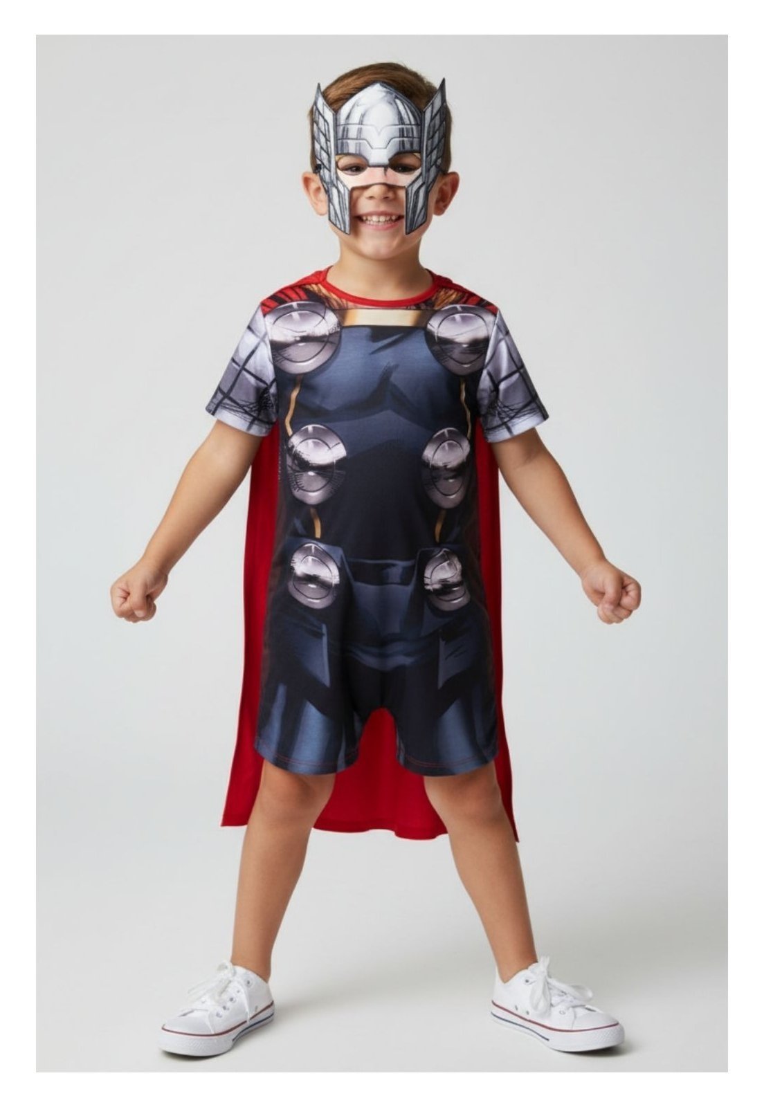 Infantil - Macacão Marvel Menino Thor Chumbo com Capa Vermelha e Máscara