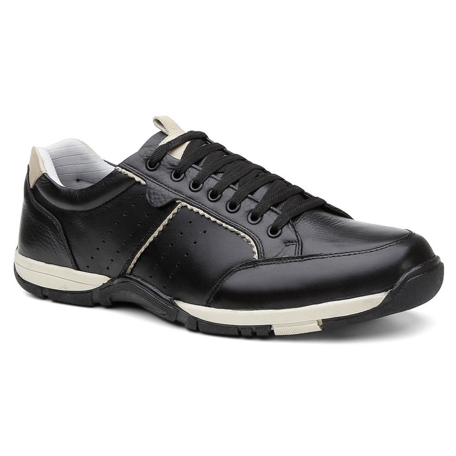 Sapatênis Masculino Couro Cadarço Conforto Casual Dia a Dia Off White 45 Preto