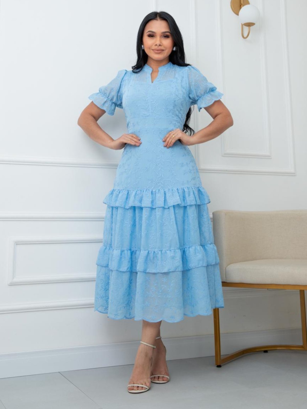 Vestido Maxi Midi para Festa de Casamento Convidada Madrinha Bordado Rodado Azul