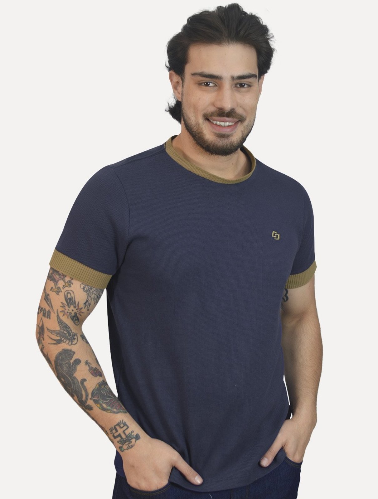 Camiseta Colcci Masculina Piquet Slim Texture Logo Azul Marinho