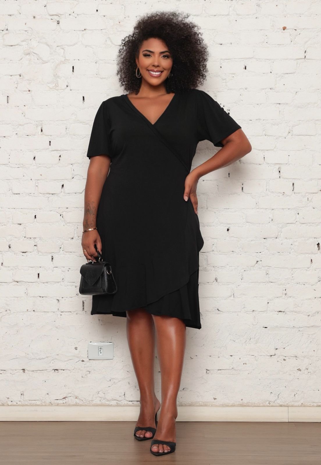 Vestido Feminino Mid Com Babado Plus Size Modelo Cachequer Premium Moda Verão-Preto