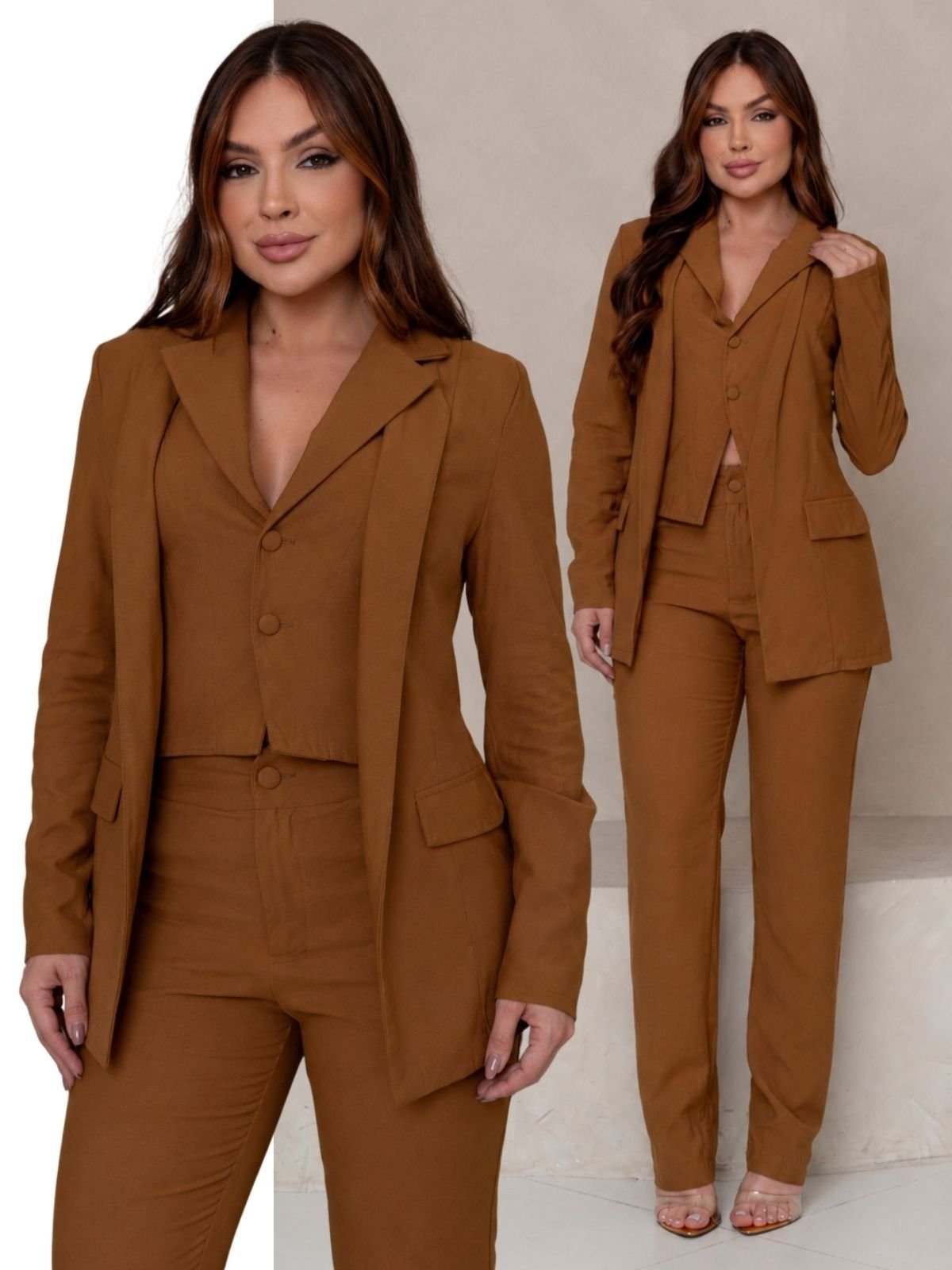Conjunto Feminino Elegante Blazer Cropped Duplo e Calça Alfaiataria de Cintura Alta Marrant - Marrom