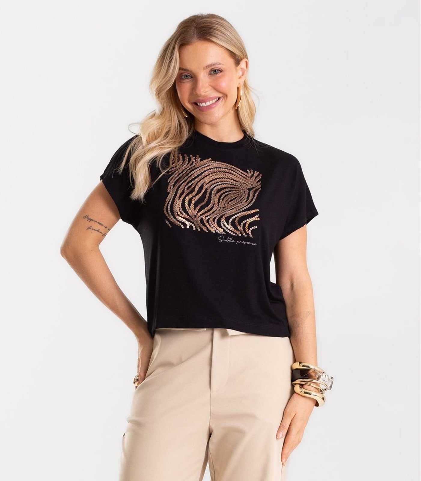 Blusa Feminina Viscotorcion Com Estampa Rovitex Preto