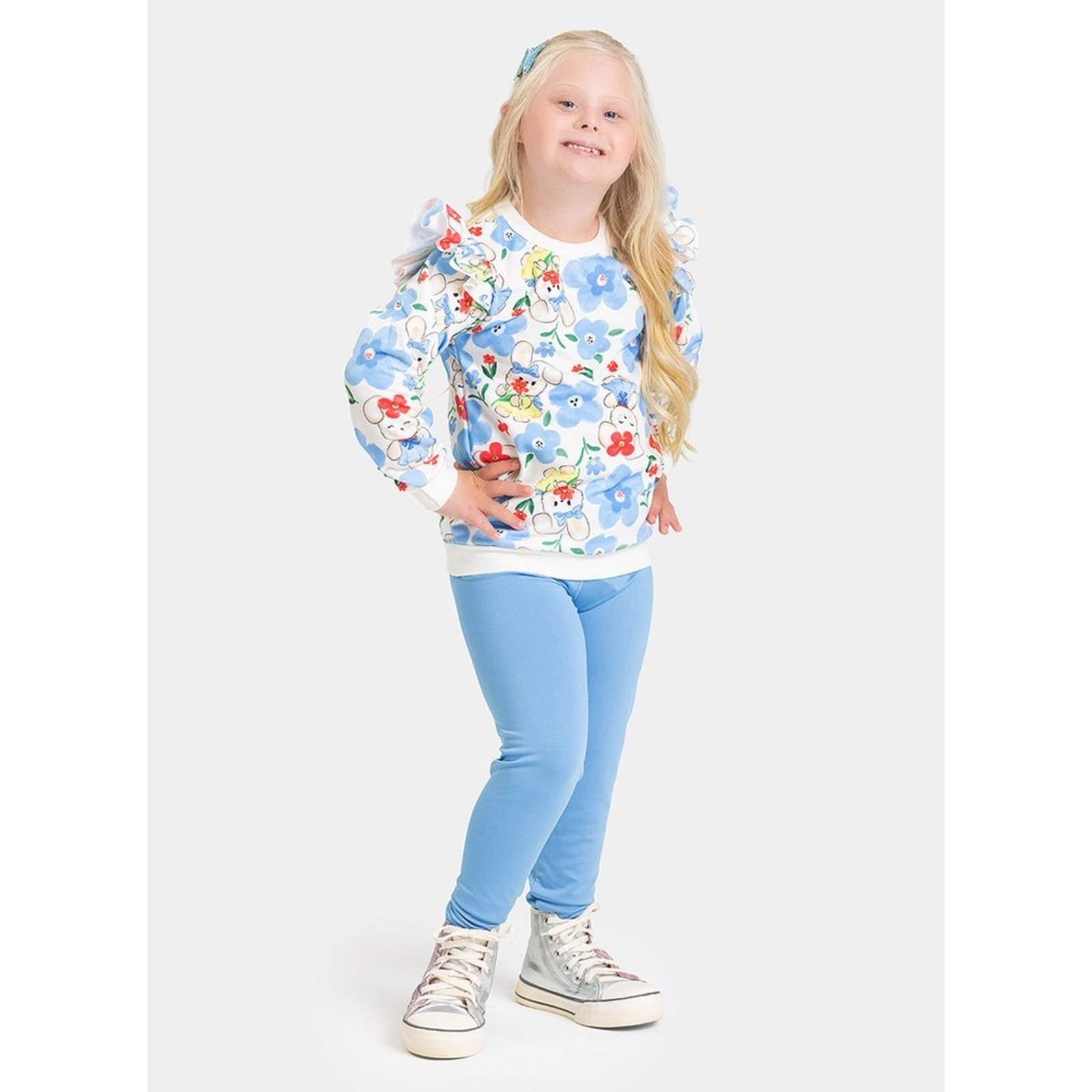 Infantil - Conjunto Inverno Menina Natural Blusão com Babado e Legging Coelhinhas Floridas