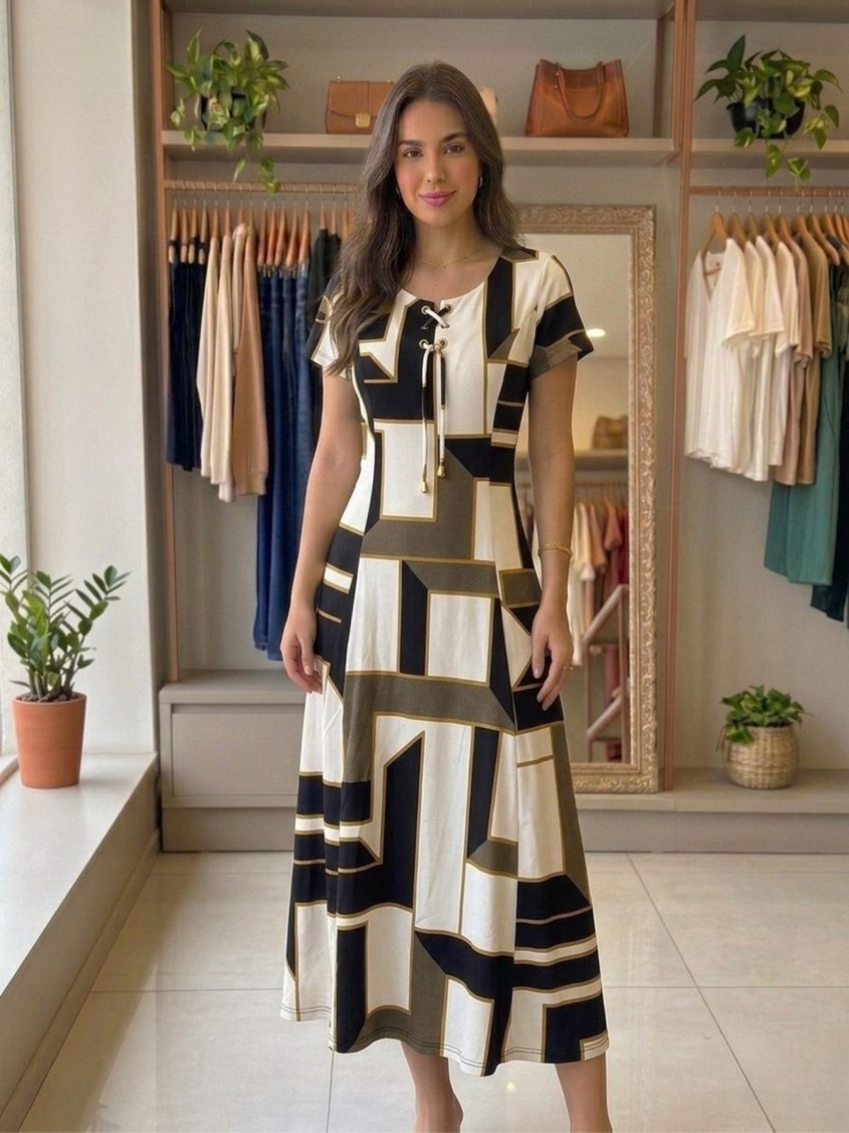 Vestido Midi Rodado Soltinho Moda Evangélica Estampado Feminino Preto Geométrico
