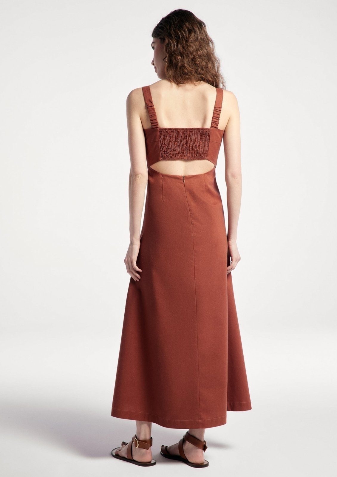 Vista 3 Vestido Midi Evasê Alças Médias Rústico Com Linho Hering terracota Hering terracota