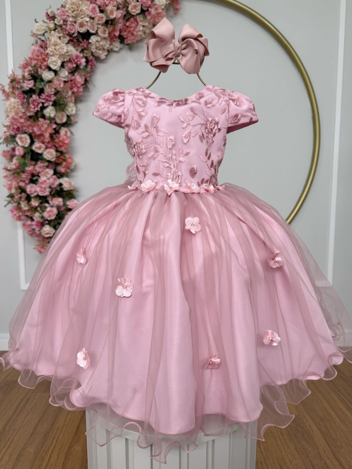 Infantil - Vestido Festa Rosa Rosé Nude Amêndoa Jardim Encantado Borboletas Formatura Casamento Princesa Social Rodado Florista Dama Daminha Aniversário Luxo