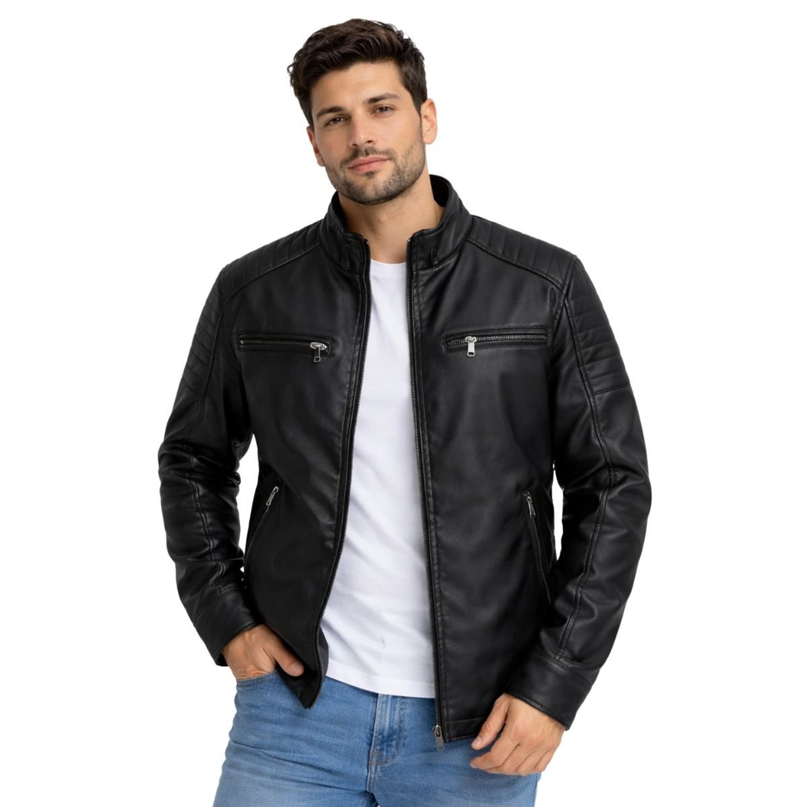 Jaqueta Masculina Biker em Couro PU Preto