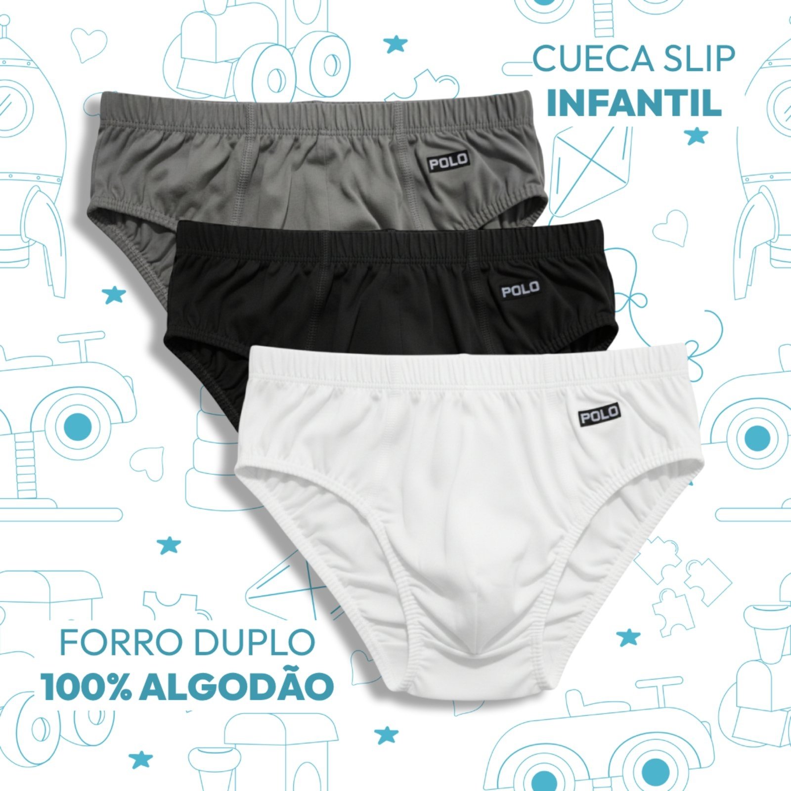 Kit 3 Cuecas Slip Polo Algodão Forro Duplo Menino Tradicional
