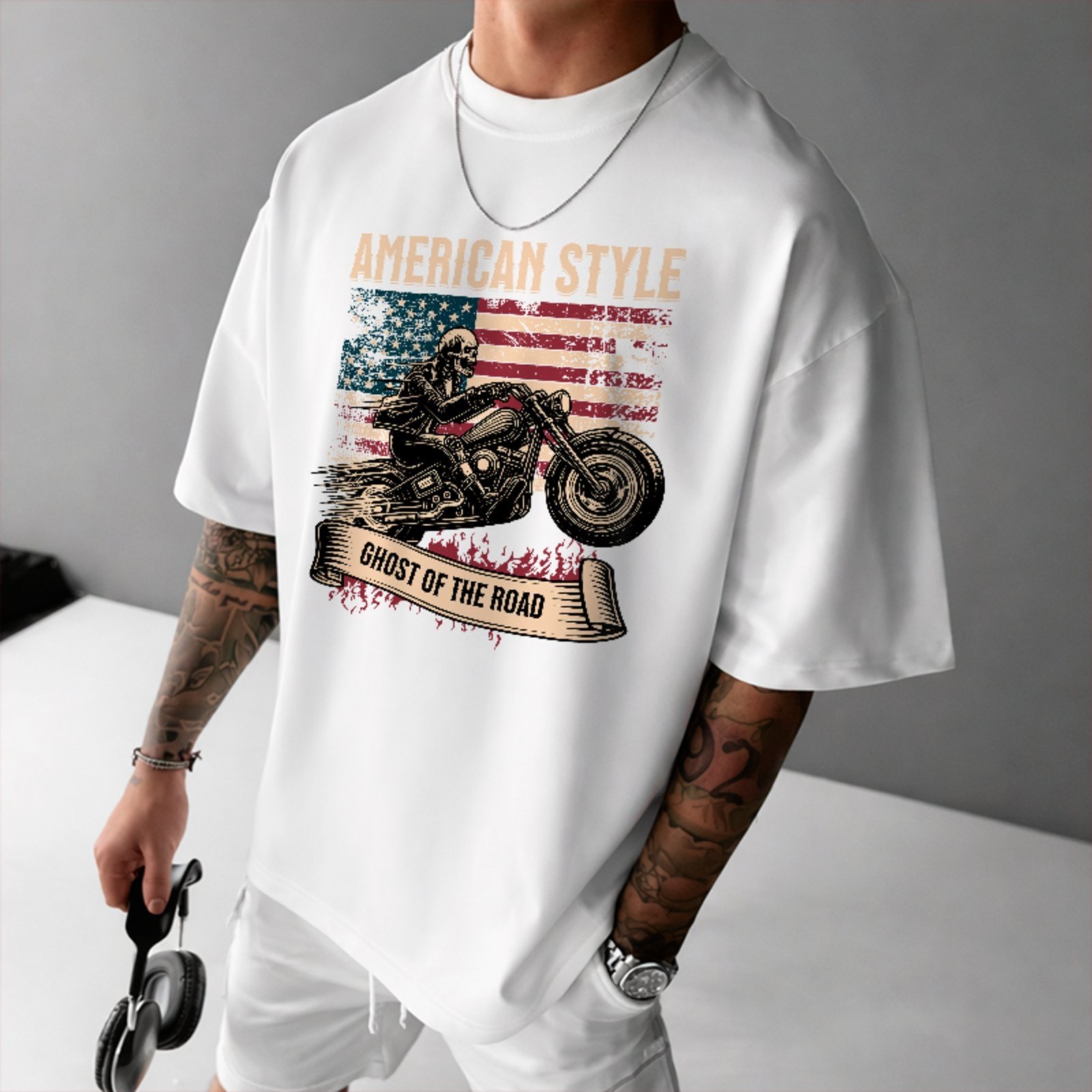 Camiseta Oversized American Style Ghost Of The Road Biker Unissex Branco