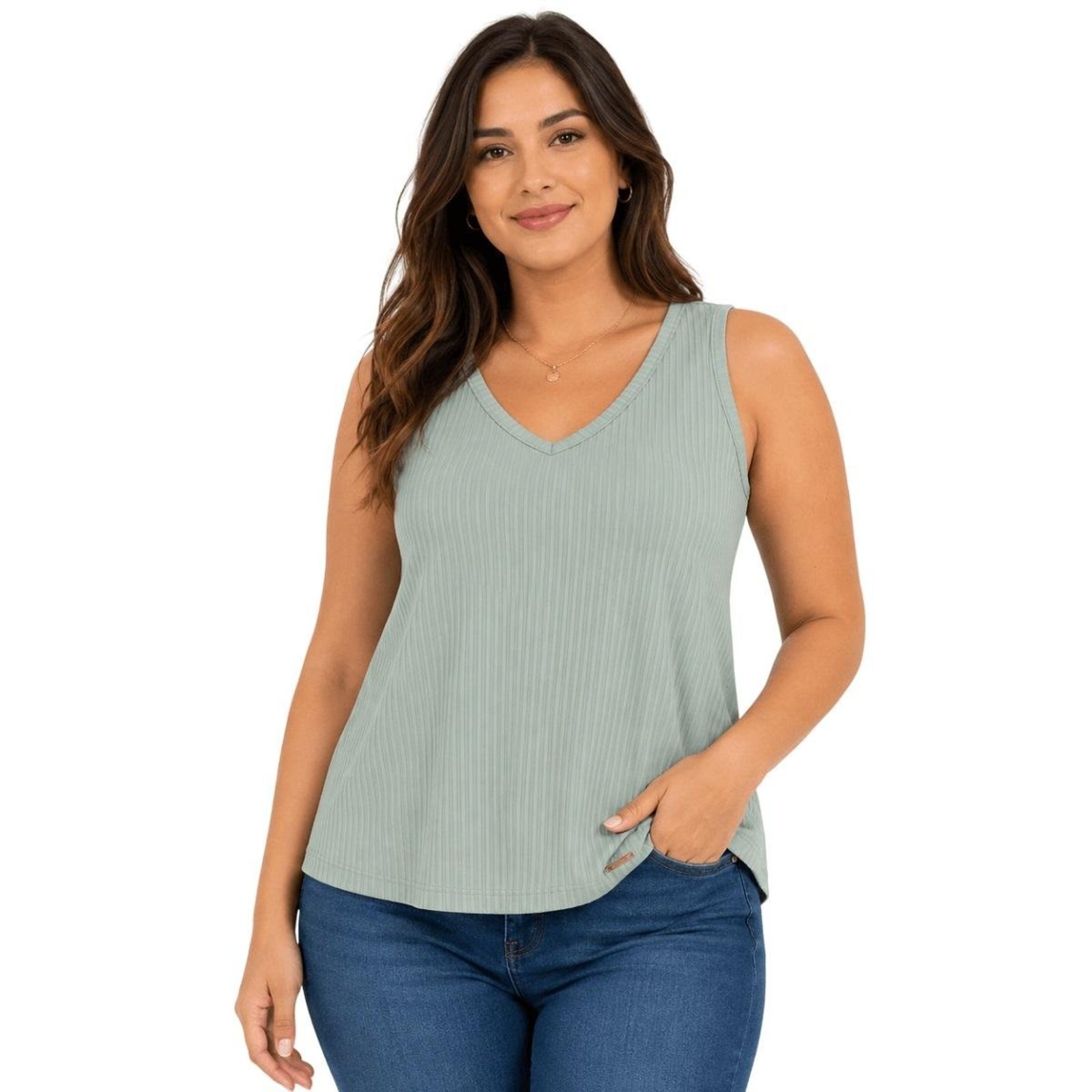 Blusa Regata Básica Gola V Plus Size Feminina Lunender 00477 Verde