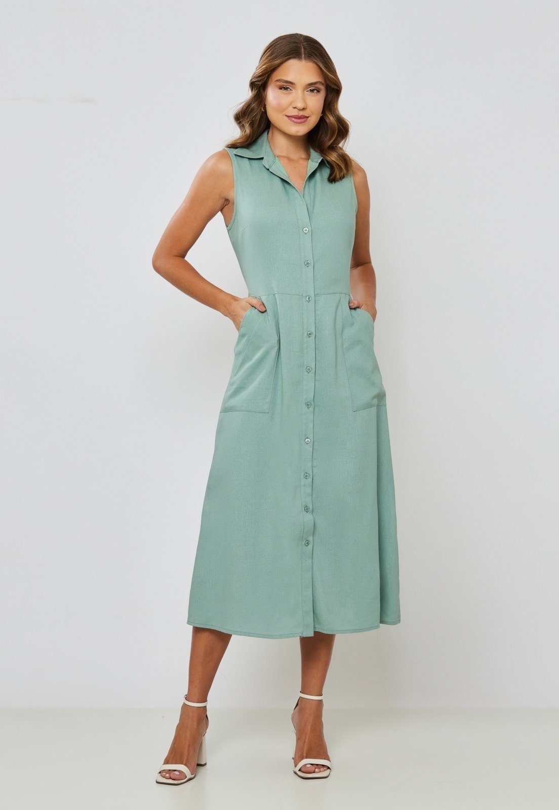 Vestido Linho Chemise Longo Verde Miss Joy 7899 Feminino