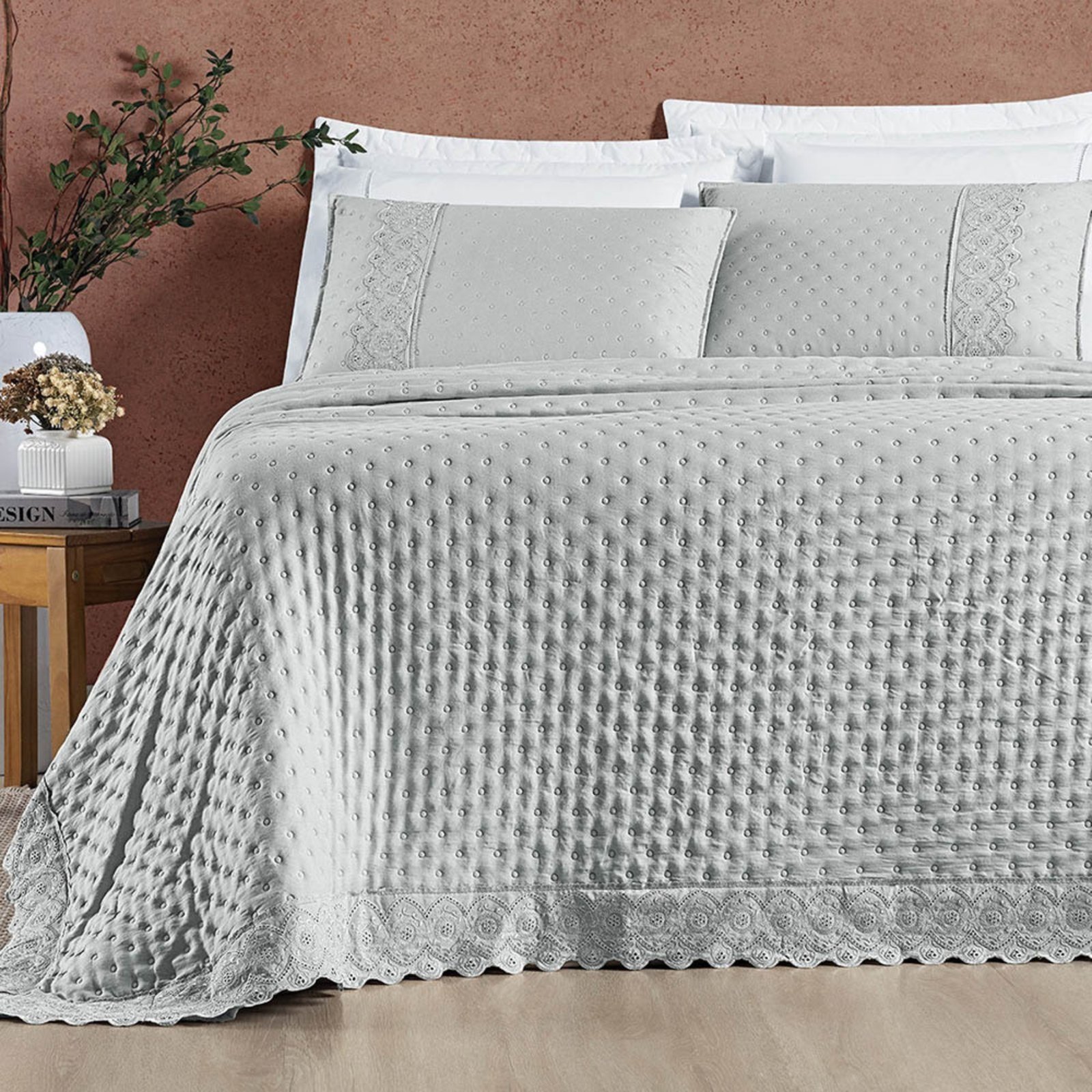 Kit Cobre Leito Colcha Casa Scarpa Bouclê King Laise Bordada Micropercal 200 Fios 3 Peças - Cinza Geada