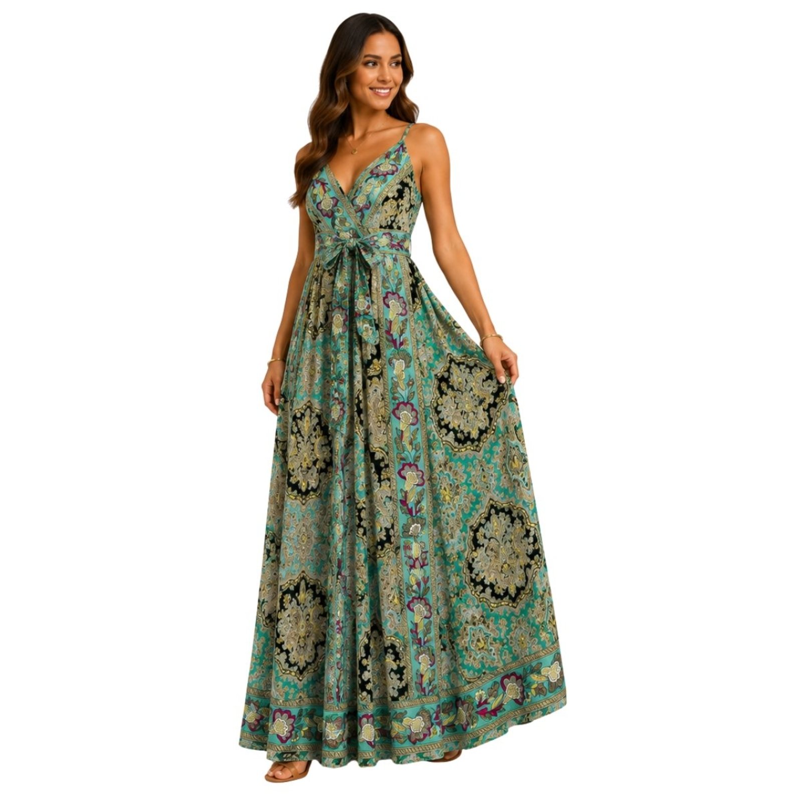 Vestido Longo Indiano Feminino Estampado Alças Reguláveis Boho Preto
