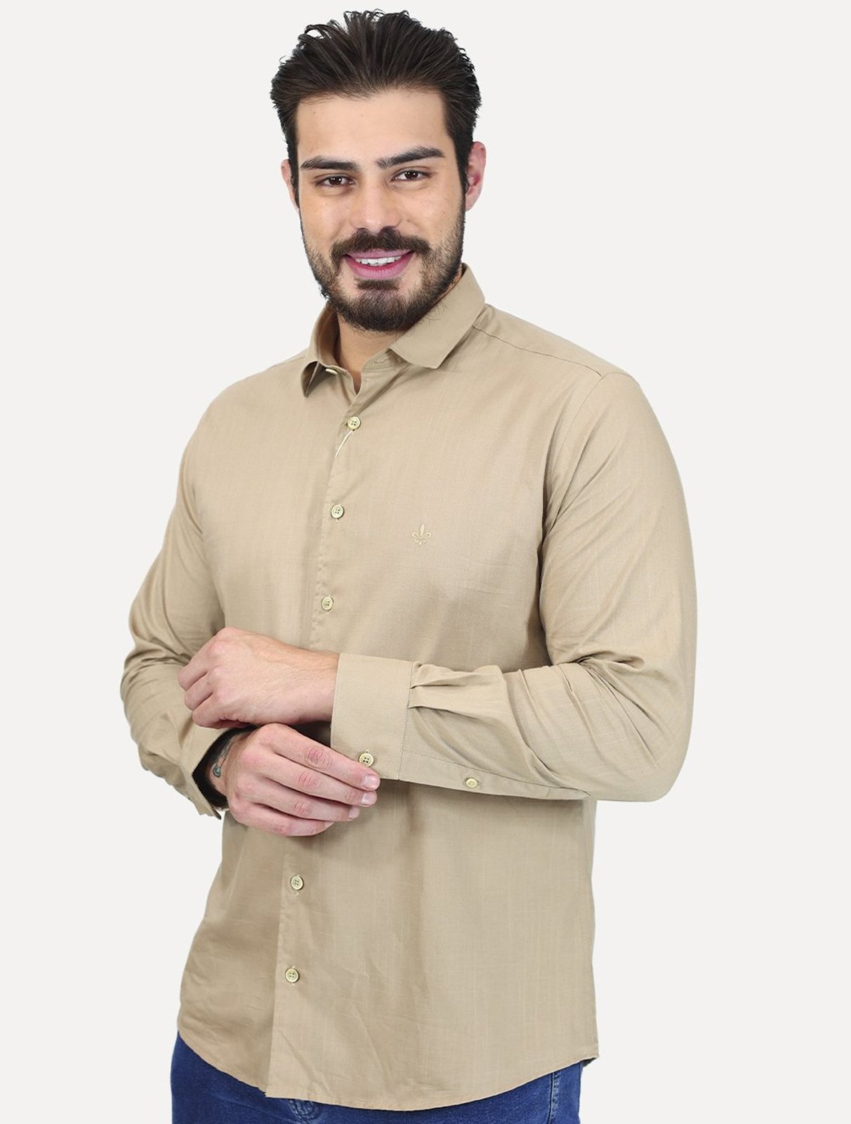 Camisa Dudalina Masculina Slim Slub Cotton Flame Lisa Cáqui Claro