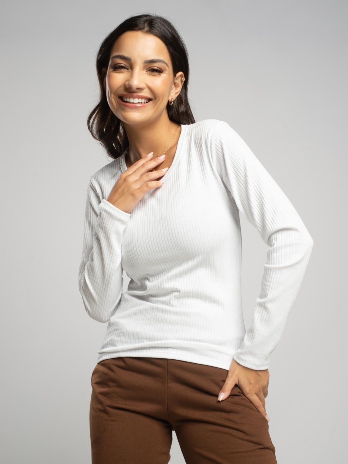 Blusa Canelada Vicbela Manga Longa Comprida Branco