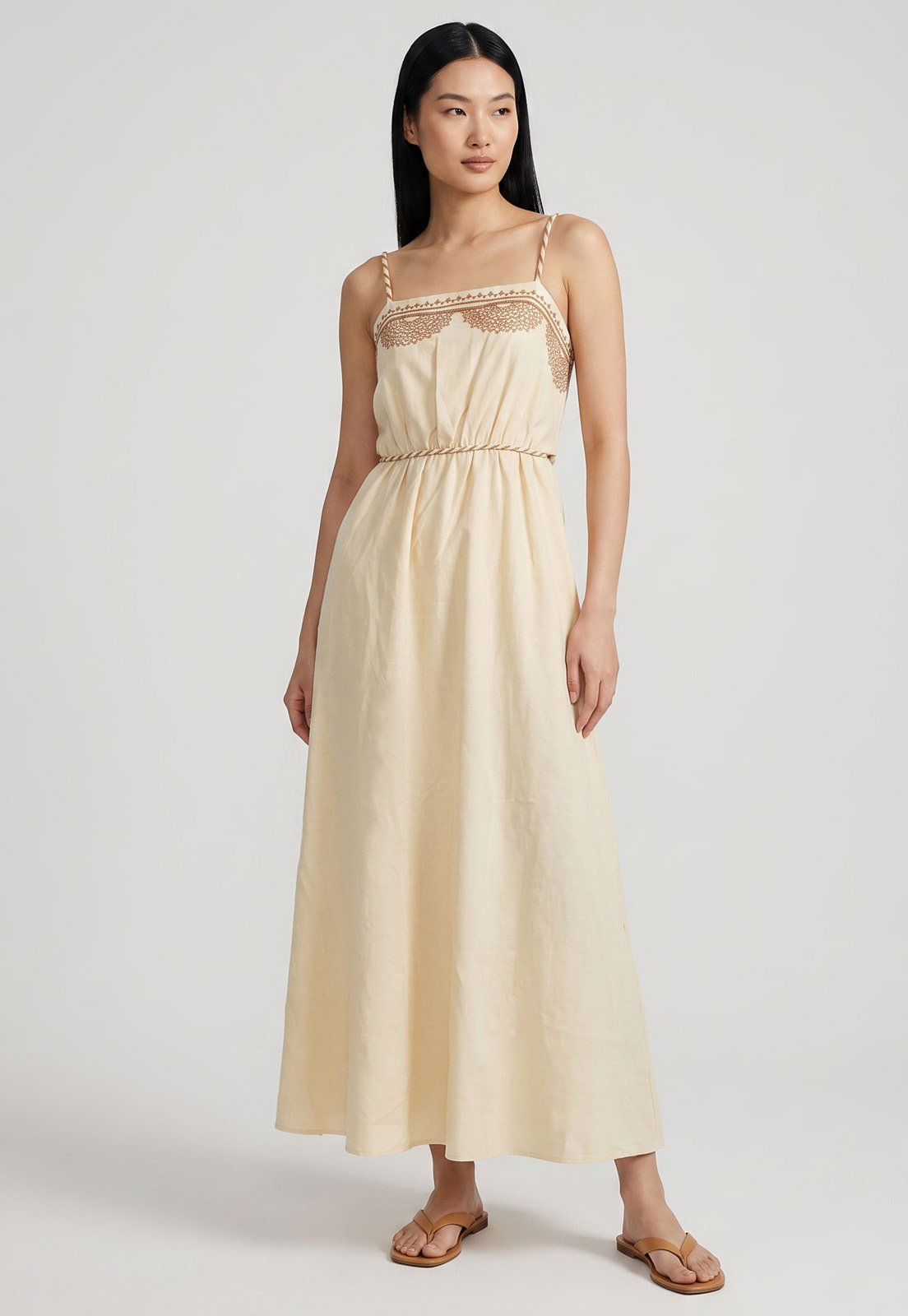 Vestido Lez a Lez Tecido Linho Cintura Ajustada Creme