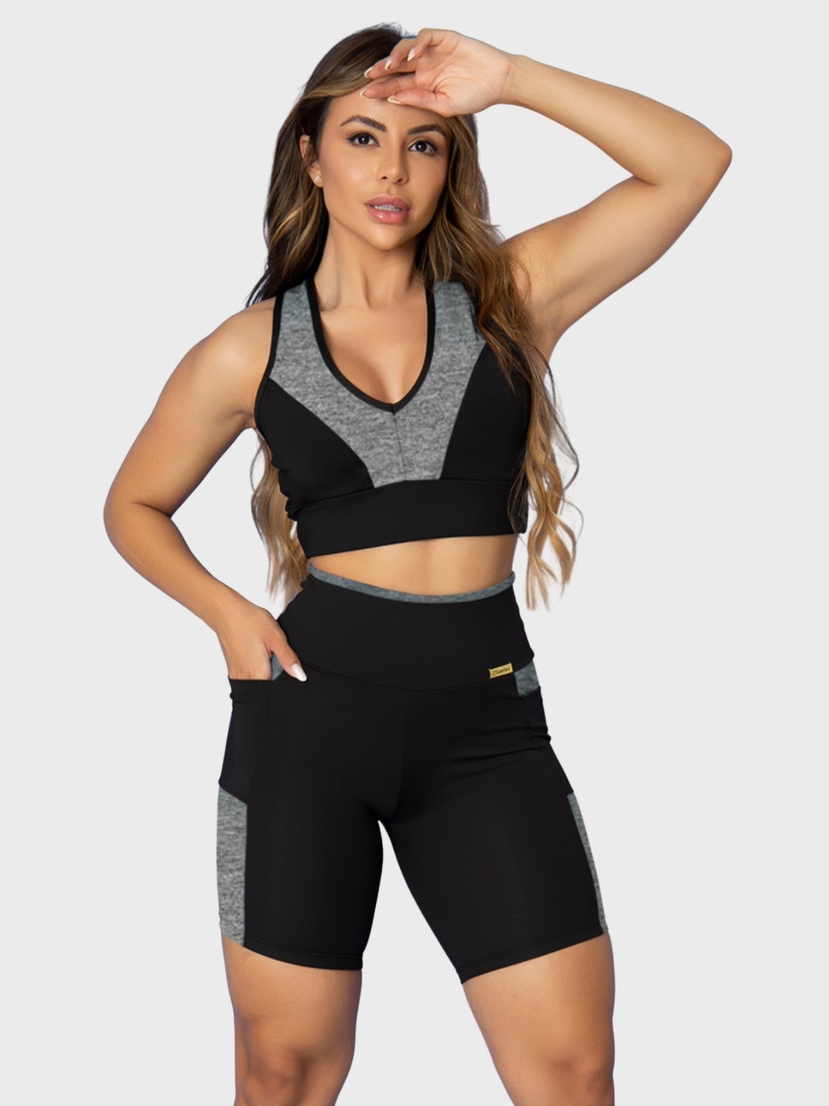 Conjunto Fitness Tarelles Top Short Bolso Preto e Cinza