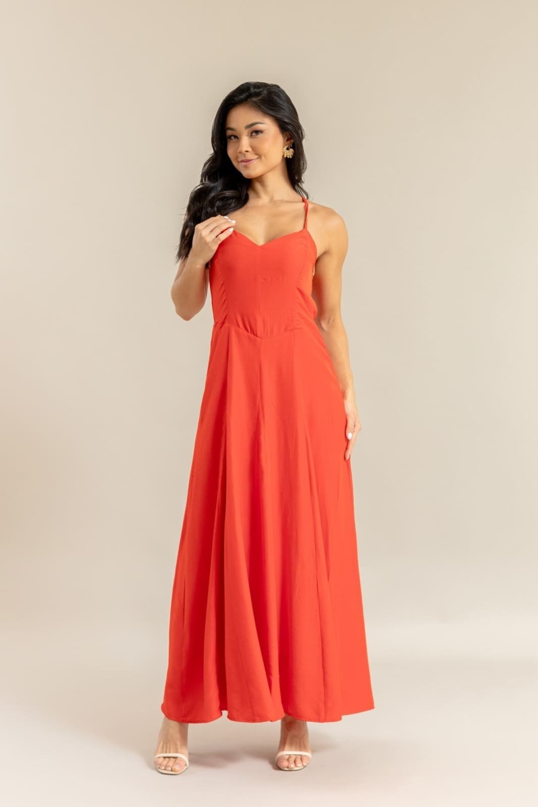 Vista 2 Vestido Cetim Feminino com Alças e Zíper Lemier Collection marrom LEMIER marrom