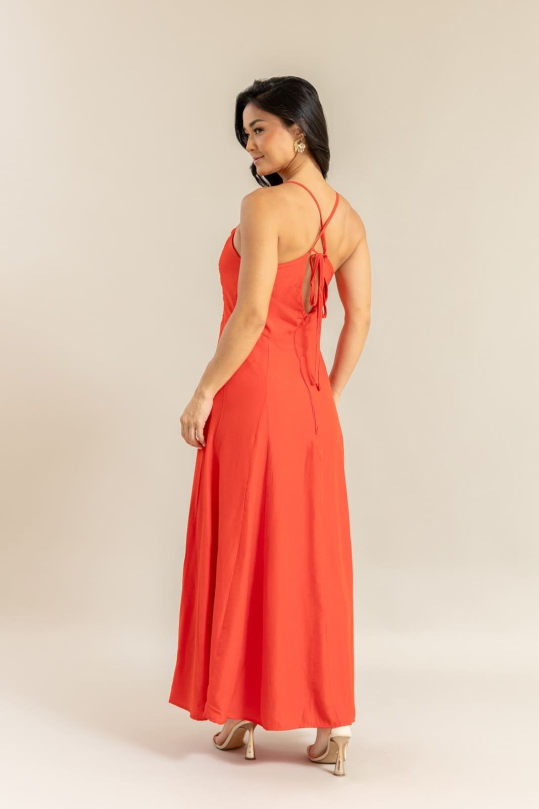 Vista 3 Vestido Cetim Feminino com Alças e Zíper Lemier Collection marrom LEMIER marrom