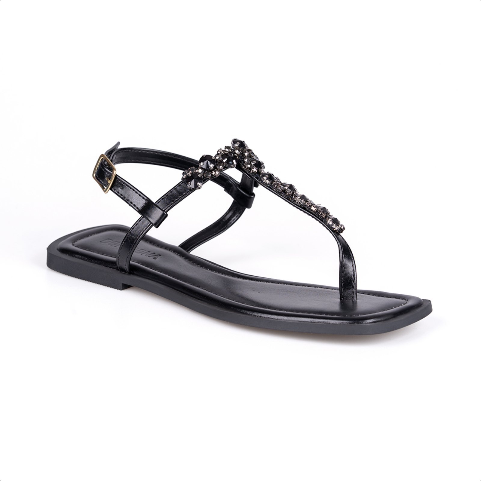 Rasteirinha Preta Slingback Flat Pedrarias Brilho Bico Quadrado