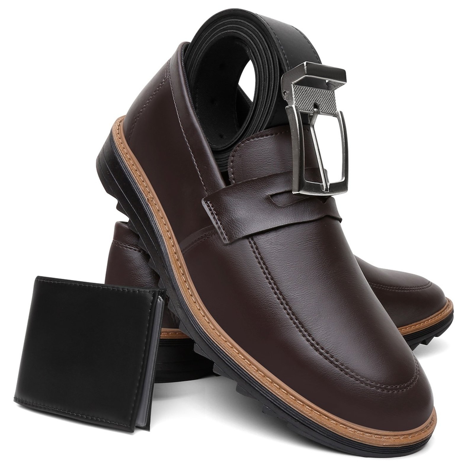 Kit Sapato Casual Masculino A. Andrade Mocassim Oxford Derby Tendência Carteira e Cinto Café
