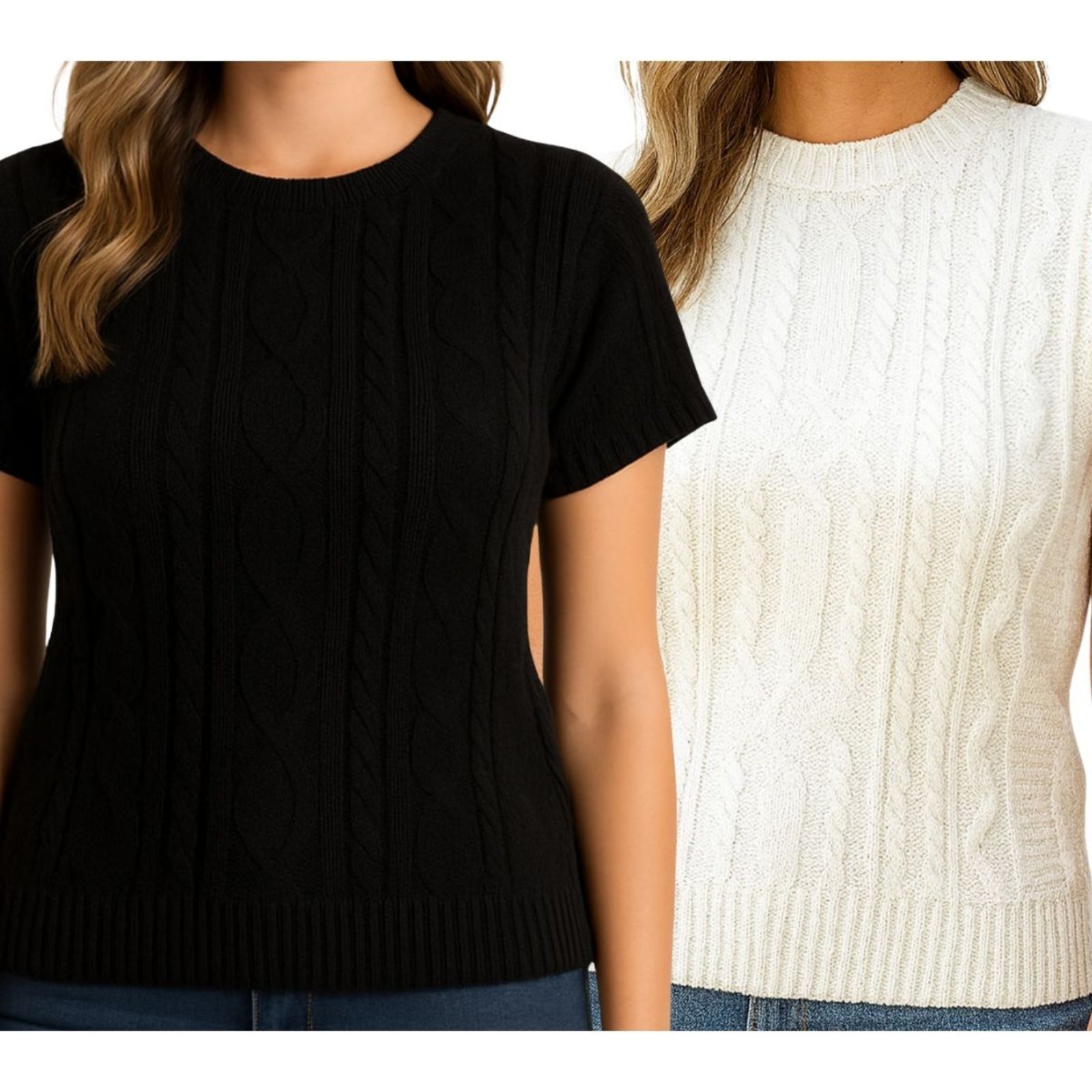Blusa FMF Feminina Tricô Manga Curta Canelada Trama Trançada Branco