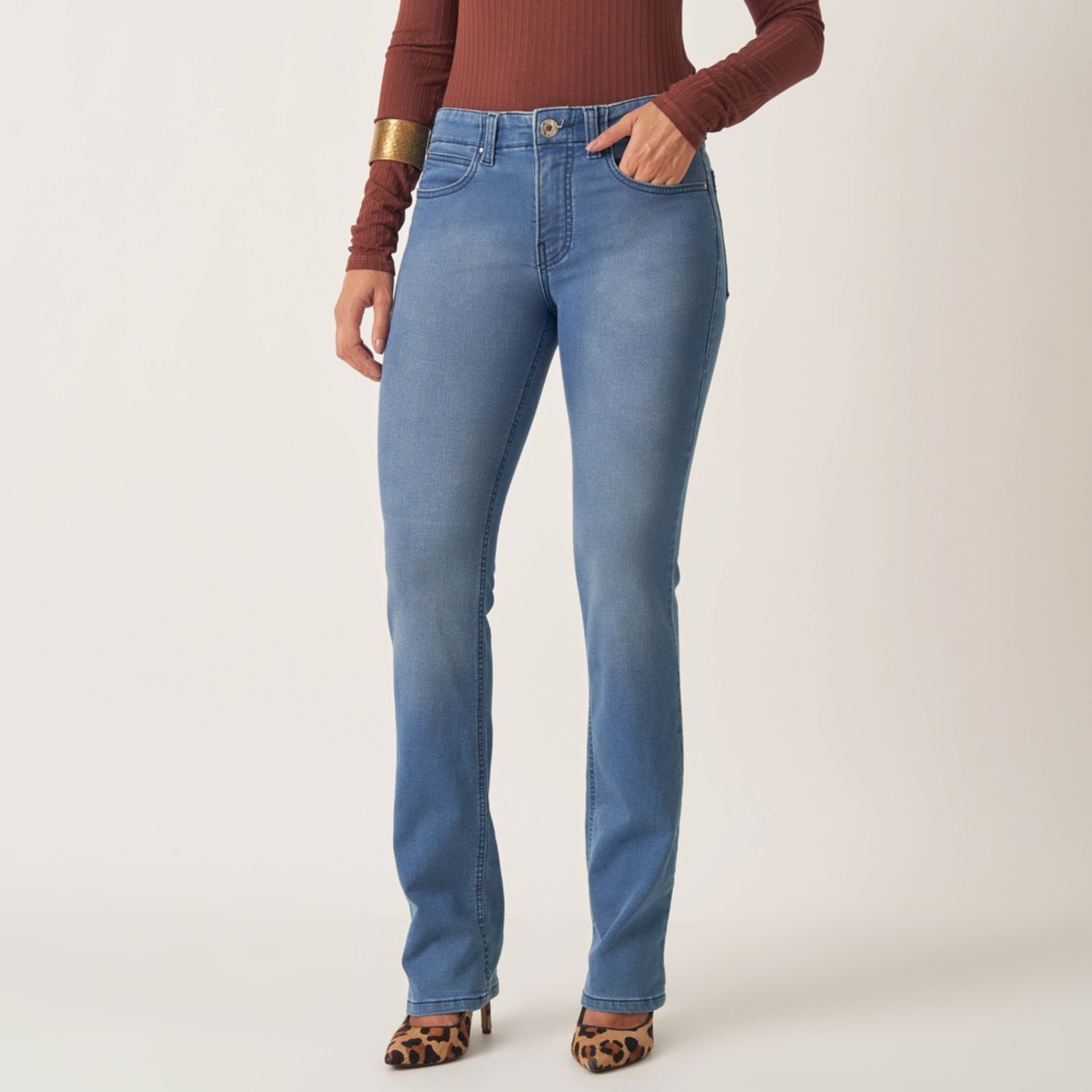 Calça Jeans Confort Reta Cintura Alta Cós Revel Listras
