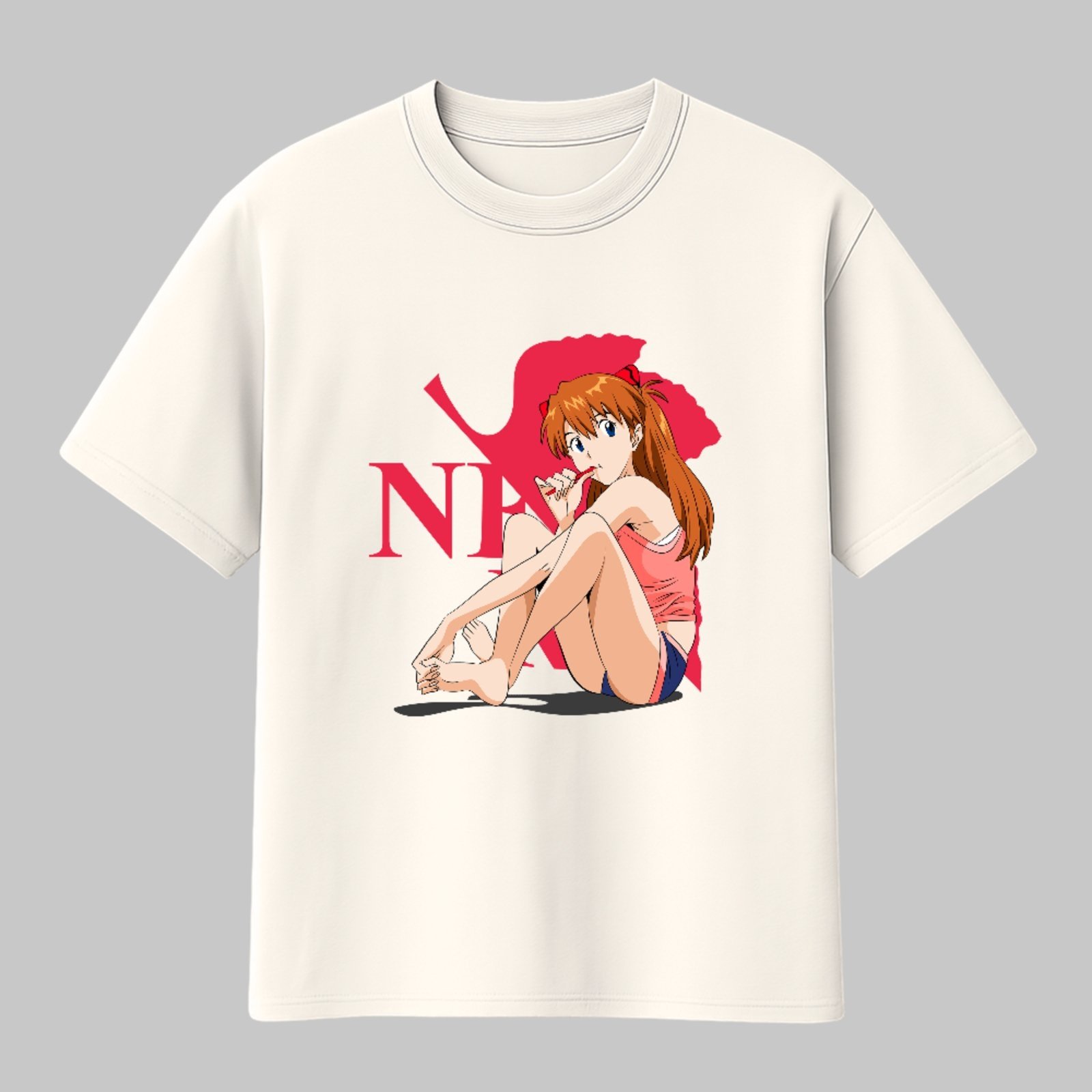 Camiseta Básica Asuka Langley Estilo Evangelion Anime Unissex Off White