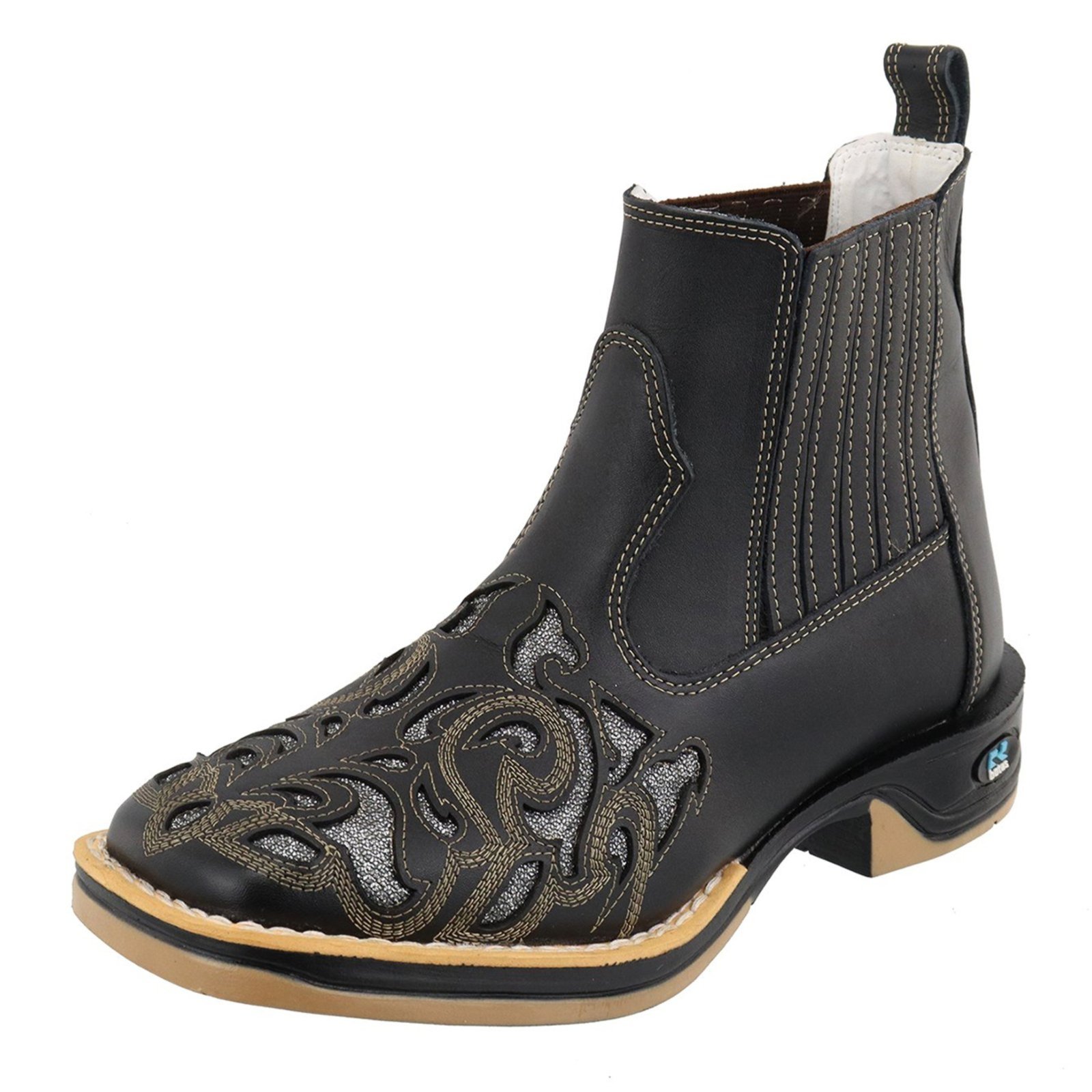 Bota Botina Feminina RR Botas Rodeio Country Couro Detalhe Laser Bico Quadrado Confortável Preta