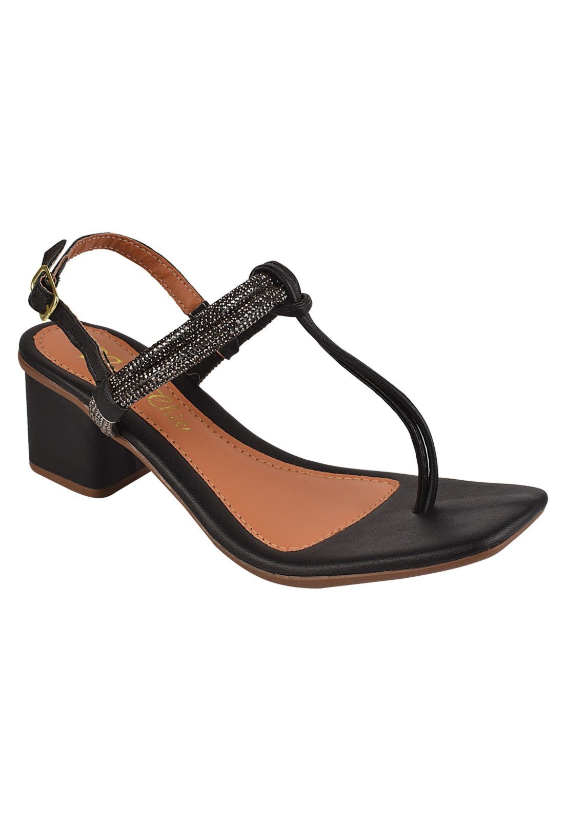 Sandália Salto Grosso Rosa Chic Calçados Feminino Salto Alto Bloco Brilho Strass Bico Quadrado Preto