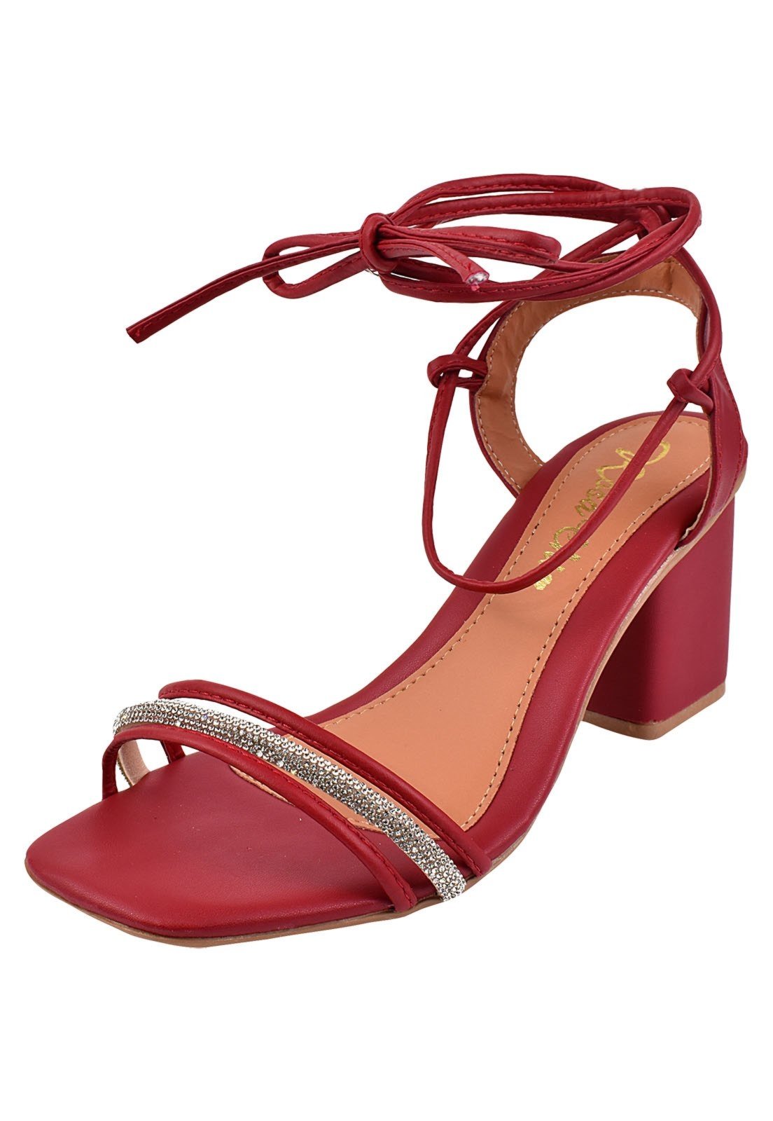 Sandália Salto Grosso Rosa Chic Calçados Salto Alto 7 cm Bloco Quadrado Vermelho