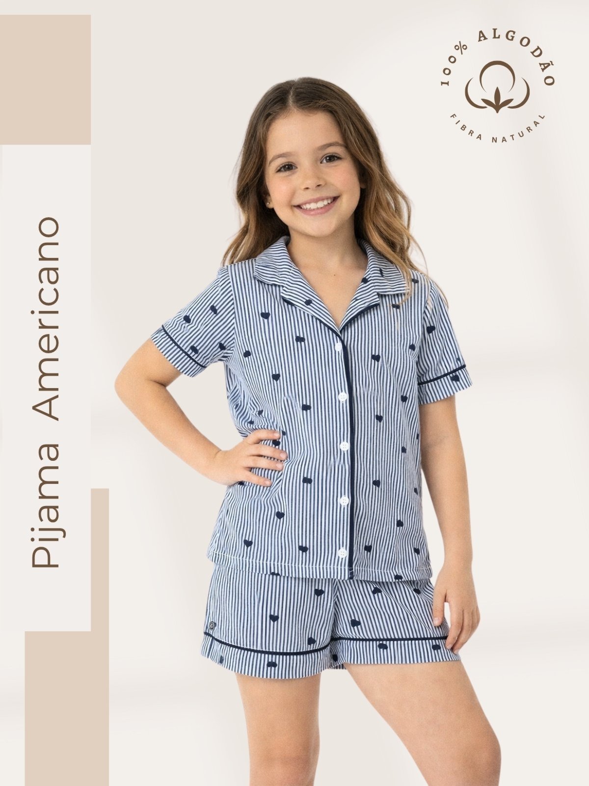 Pijama Algodão Americano Menina Curto Helena - Listrado Marinho Corações