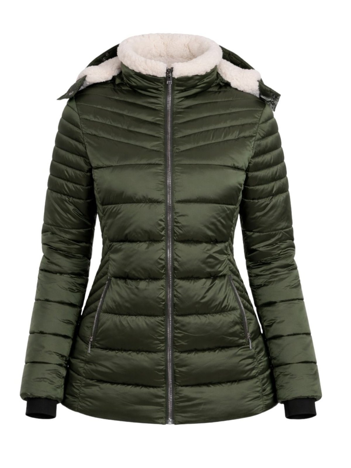 Jaqueta Feminina Puffer Metalizada Blusa de Frio com Capuz Removível e Forro de Pelo