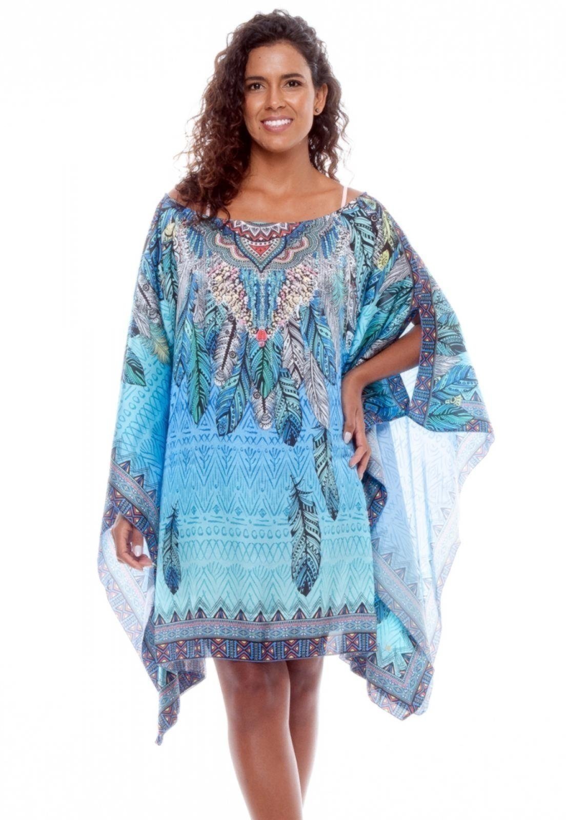 Vestido KAFTAN Curto Cetim Estampado EXCLUSIVO Penas Azul