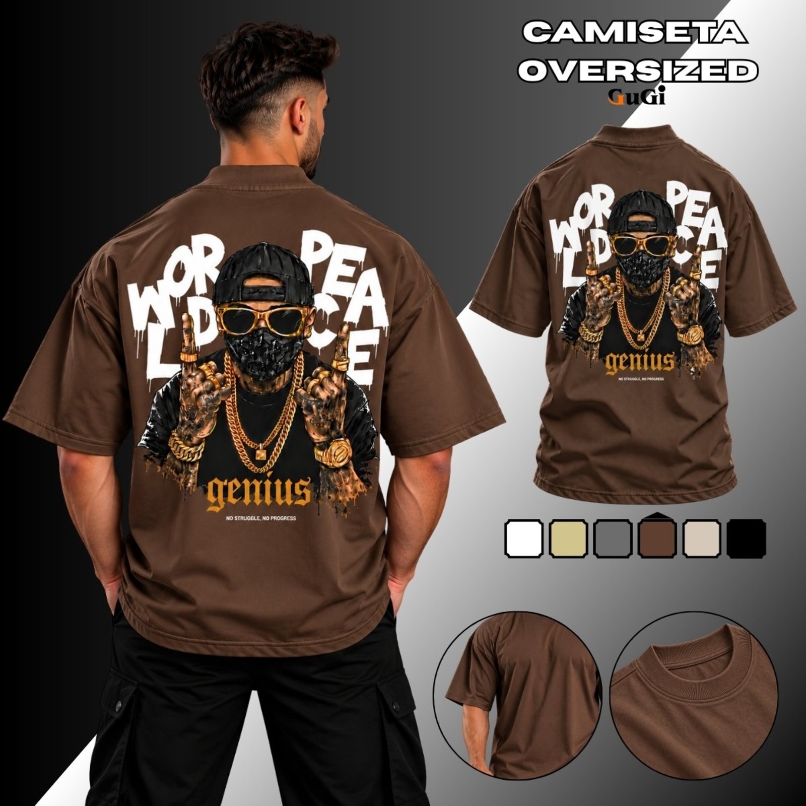 Camiseta Masculina Oversized Rapper Gangster 100% Algodão 30.1 Marrom