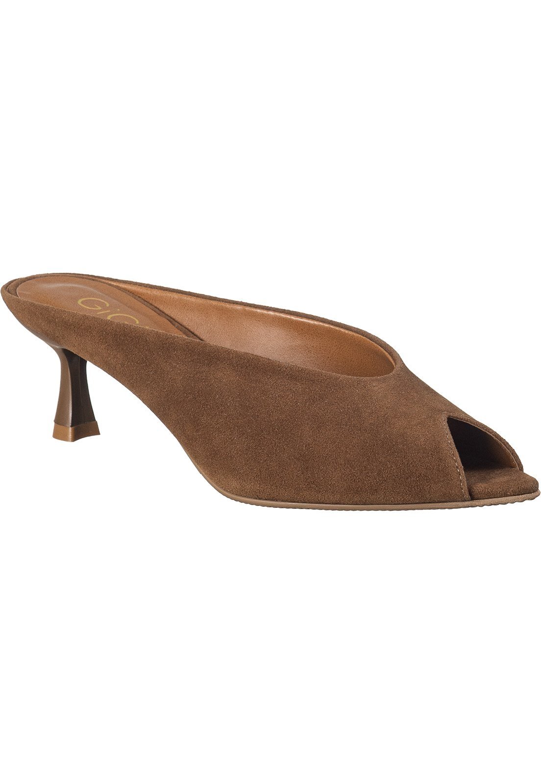 Tamanco Peep Toe GiGiL Feminino Bico Folha Fino Aberto Salto Fino Médio Confortável Elegante Caramelo