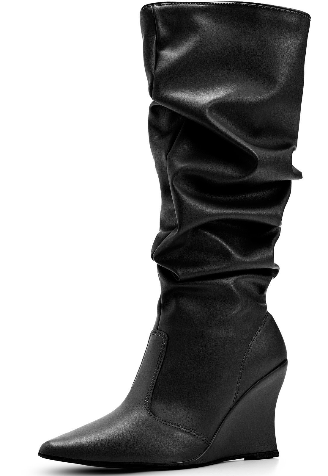 Bota Feminina Lumiss Slouchy Cano Alto Salto Anabela Alto Bico Fino Enrugada Preto