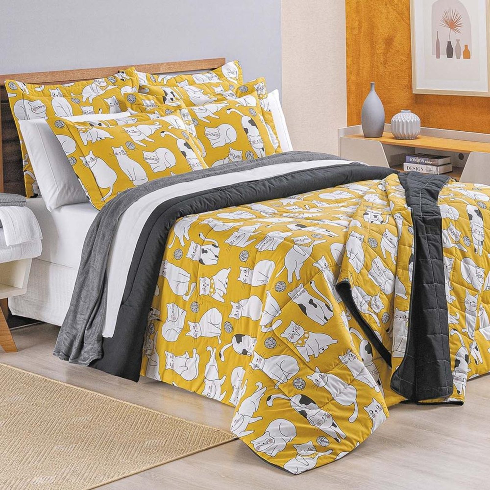 Edredom Casal Padrão New Cats Estampado 200 Fios Algodão 3 Peças