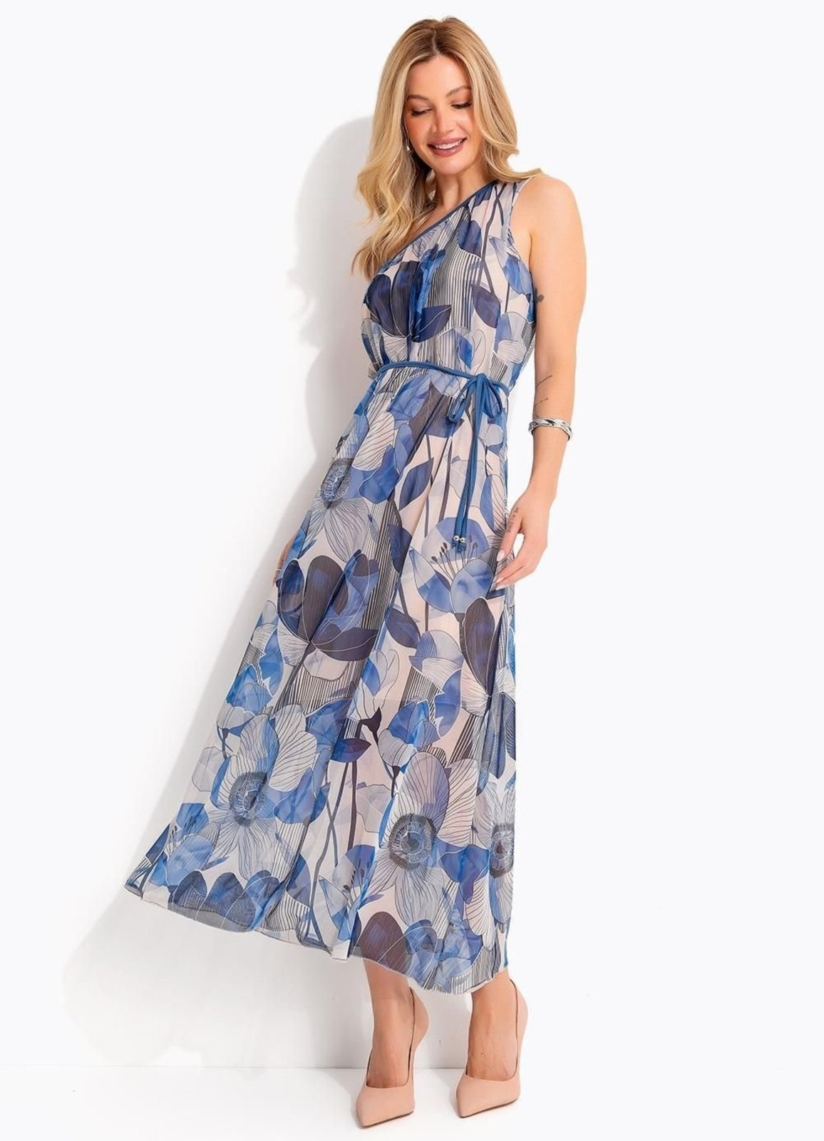 Vestido Floral Azul Em Tule Quintess