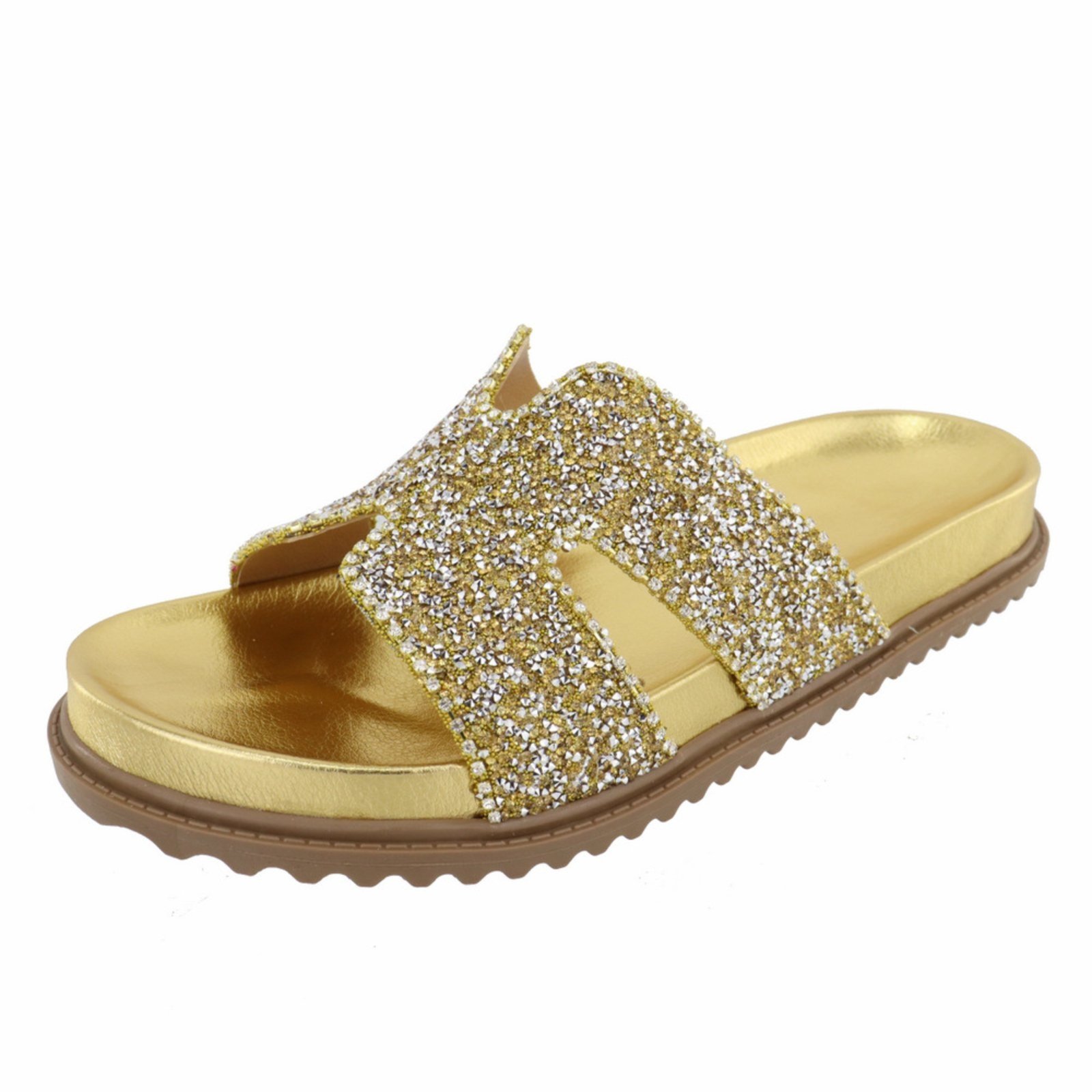 Sandalia H Papete Miçangas Brilho Pedraria Strass Cristais Fino Lançamento Verão 2024 Agnes Veronez Dourado