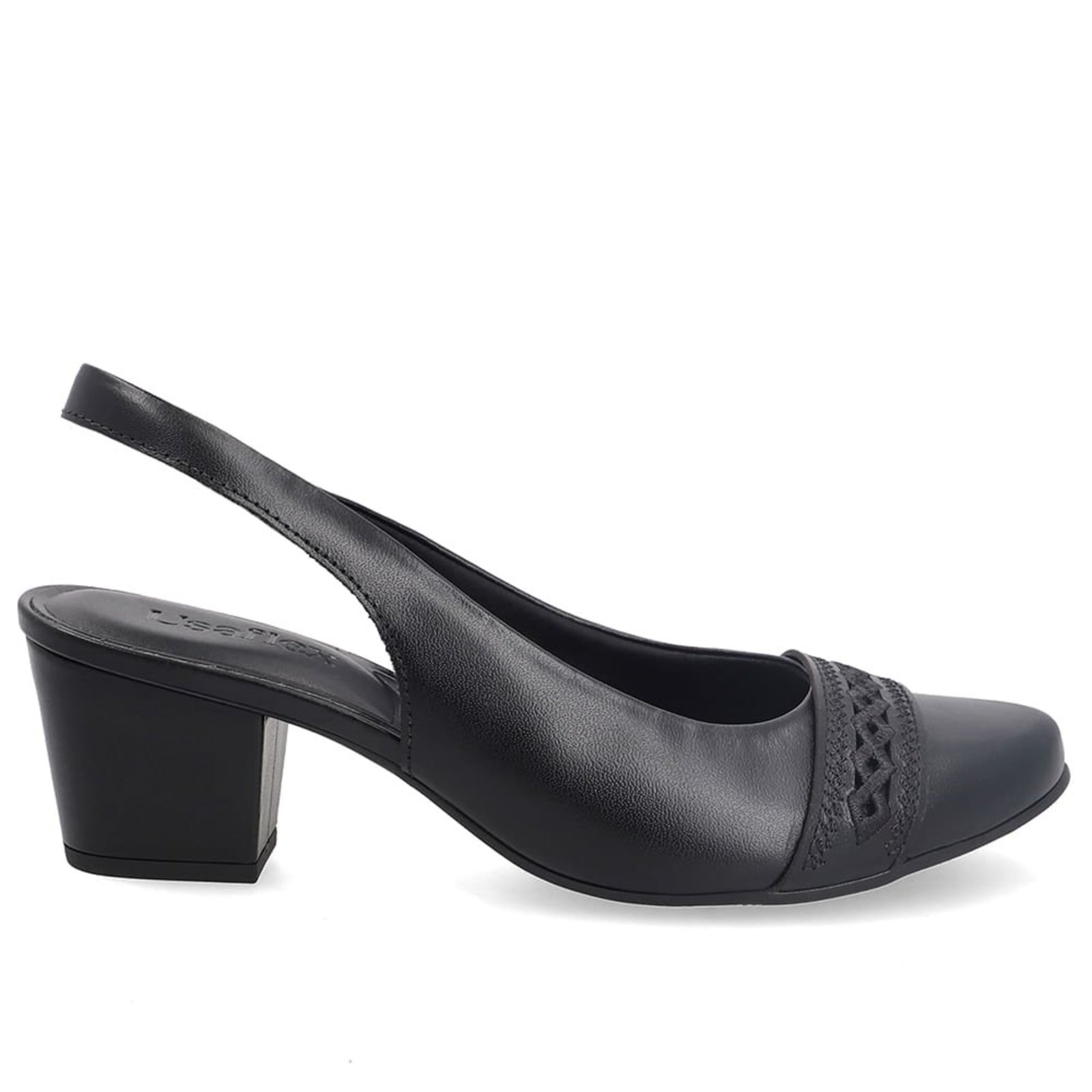 Slingback Em Couro Preto Com Salto Bloco E Detalhe Bordado