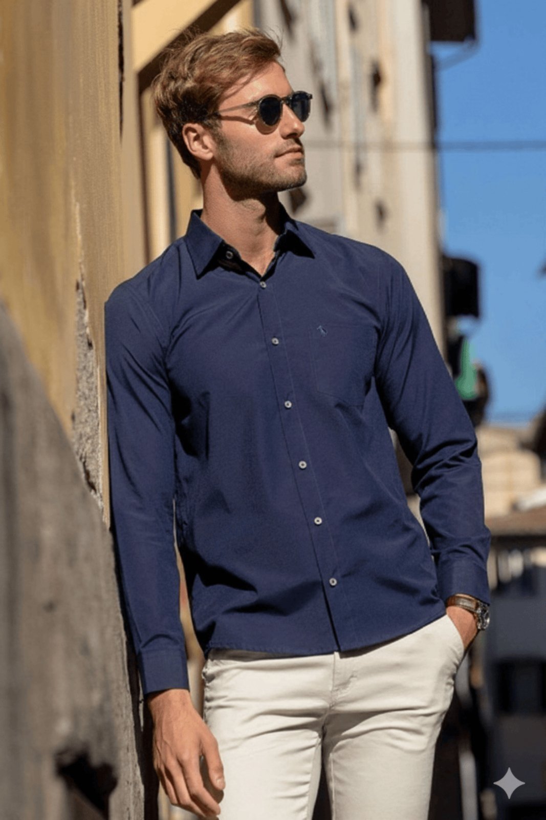 Vista 2 Camisa Social Amil Bros Comfort Algodão/Poliéster Com bolso Macia e Fácil de Passar Marinho azul marinho Amil azul marinho