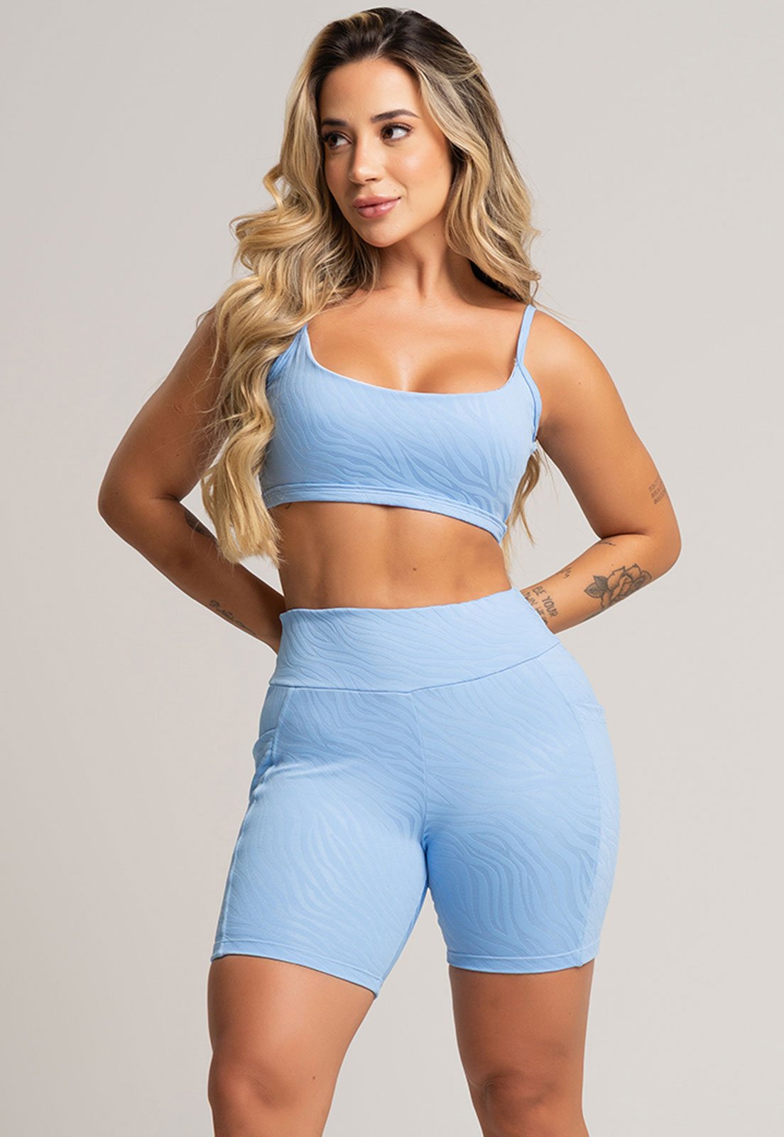 Short Fitness Feminino Com Bolsos Cintura Alta Fitness MVB Modas Jacquard Azul